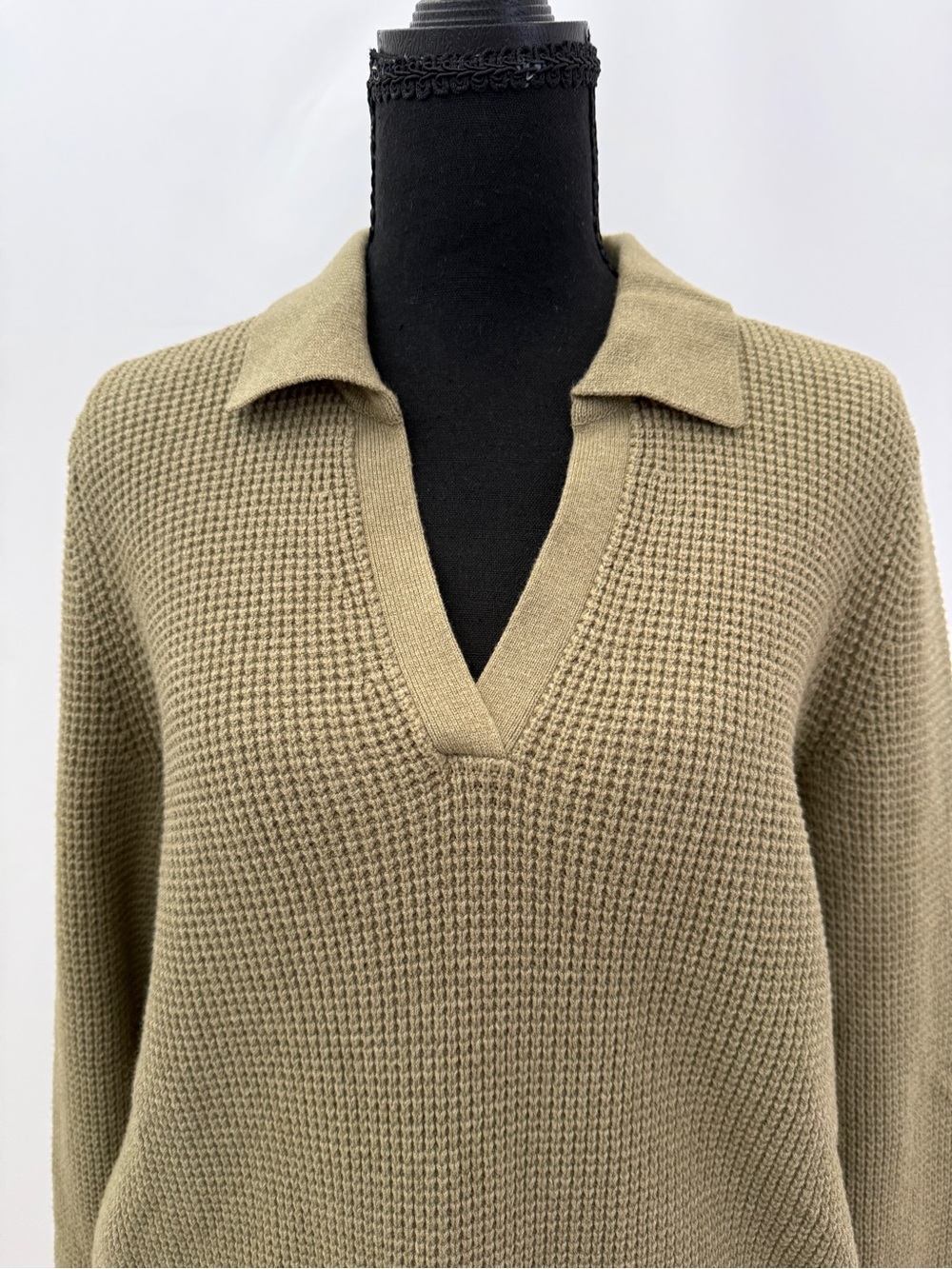 J. Jill Olive Green Waffle-Knit V-Neck Polo Sweater - Picture 3 of 8